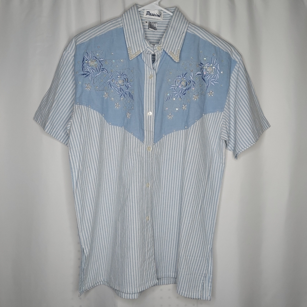 Vtg Western Beaded Embroidered Button Shirt Sequin Stripe Blue 80s‎ 90s Pastel